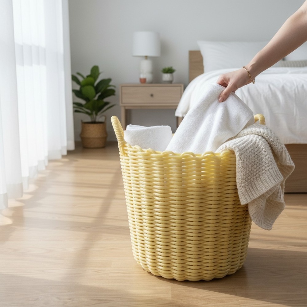 Woven Plastic Laundry Basket Unisex Medium Yellow NWOT Retro Wicker Look